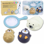 Maudynių žaislų rinkinys: 4 pastelinių guminių gyvūnėlių rinkinys su tinkliuku