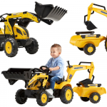 FALK Komatsu pedalinis traktorius su ekskavatoriaus kau&scaron;u ir priekaba