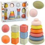 Sensorinių žaislų rinkinys vaikams: kamuoliukai, kaladėlės ir piramidė