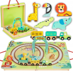 ŽAISLINIS MEDINIS TRAUKINYS ZOO TRAUKINYS MAGNETINIAIS BĖGIAIS LAGAMINE
