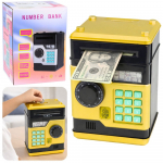 Auksinė seifo formos taupyklė vaikams &ndash; monetoms ir banknotams, su PIN kodu