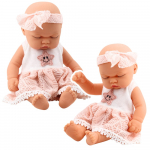 Mieganti kūdikio lėlė rožine suknele 24 cm