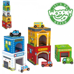 WOOPIE GREEN Dėlionės kubeliai Miesto transporto priemonės dėžutėse + figūrėlės 10 vnt.