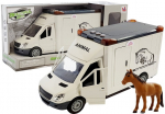 Baltas žaislinis arklių transporterio automobilis su &scaron;viesomis, garsais ir arkliuku