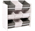 Pilkai balta vaikų žaislų komoda