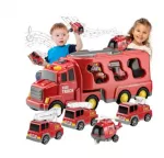 WOOPIE gaisrinės transporto rinkinys su dideliu tralu ir 4 gelbėjimo automobiliais