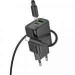 Įkroviklis telefonui Hoco USB A + USB C QC3.0 PD 3A 30W + kabelis USB C į Lightning N63 juodas