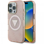 Guess IML Metal Glitter 4G Circle Triangle Magnetinis dėklas telefonui iPhone 16 Pro Max - rožinis