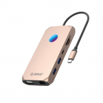 Orico XCR 12 viename RGB USB-C prijungimo stotelė 3x USB-A 3.1 1x USB-A 2.0 1x USB-C PD 100W 1x USB-C 3.1 1x HDMI 1.4 4K 30Hz 1x VGA 1080p 1x microSD/SD 3.0 1x RJ Gigabit Ethernet 1x Audio CTIA 3.5 mm - rožinis auksas