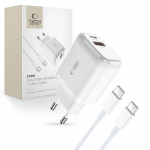 Tech-Protect C20W USB-C PD 20W / USB-A QC 3.0 įkroviklis su USB-C / USB-C kabeliu - baltas