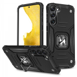 Wozinsky Ring Armor dėklas telefonui Samsung Galaxy S23+ &scaron;arvuotas dėklas su magnetiniu laikikliu ir žiedu juodas