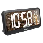 Didelis skaitmeninis laikrodis, laisvai pastatomas ant sienos, su temperatūros jutikliu, 37 x 17 cm LCD ekranu, maitinamas maitinimo adapteriu ir baterijomis.