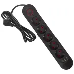 &bdquo;Maclean&ldquo; maitinimo laidas, 5 lizdų prailginimo laidas + 3xUSB, 110-240V AC 50/60Hz, 2.1A max 2500W, 1.5m, juodas, MCE395 B