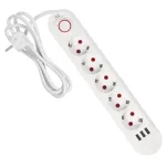 &bdquo;Maclean&ldquo; maitinimo jungtis, 5 lizdų prailgintuvas + 3xUSB, 110-240V AC 50/60Hz, 2.1A max 2500W, 1.5m, balta, MCE395 W