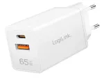 LogiLink PA0371 USB GaN wall charger, 65 W, 1x USB-C (PD), 1x USB-A (QC), white