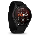 Garmin Approach S72 &ndash; 47 mm, anglies pilka/raudona DLC titano rėmelis su juodu ComfortFit audinio dirželiu
