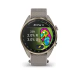 Garmin Approach S72 &ndash; 43 mm &scaron;velnios auksinės/&scaron;velnios rožinės spalvos titano rėmelis su prancūzi&scaron;kai pilkos/&scaron;velnios rožinės komfortinio prigludimo audinio dirželiu