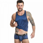 ANAIS Men Naval Top L - Navy Blue Mesh, Satin Stripes, Sleeveless