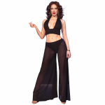 Chilirose CR 4857 Elegant Black Sheer Top & Wide-Leg Pants Set XL