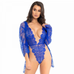 Leg Avenue Blue Lace Teddy & Robe Set with Satin Tie, Size S