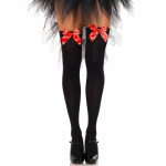 Leg Avenue Black Nylon Thigh Highs with Red Bow One Size - Elegant Hosiery