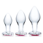 Glas Heart Jewel Glass Plug Set 3 pcs - Graduated Sizes, Red Base Accent
