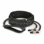 EasyToys Adjustable Faux Leather Collar with Metal Chains, Black