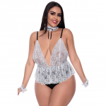 Magic Silk Full Service Teddy White - Lace Bodysuit with Accessories