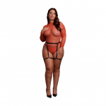 Avanua Shimmering Plus Bodysuit, PU Leather Garters, Red/Gold, Open Back