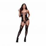 Baci Lace Bodystocking One Size Corset-Style Black Floral Mesh
