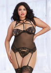 Dreamgirl Lace Mesh Bustier Set Queen Size Adjustable Straps Black