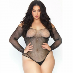 Leg Avenue Crystalized Black Fishnet Bodystocking 1X-2X, Long Sleeve