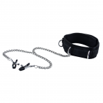 Ouch! Adjustable Velcro Collar with Soft Lining & Nipple Clips Black