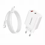 Wozinsky WLS-20W 20W USB-A USB-C sieninis įkroviklis su 1m USB-C - USB-C kabeliu - Baltas