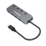 &Scaron;akotuvas Wozinsky WHS080YSS 4 x USB-A 3.0 aliuminio korpusu su atskirais jungikliais ir 15 cm USB-C kabeliu - pilkas