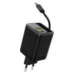 Dudao sieninis įkroviklis A67EU GaN 67W su integruotu įtraukiamu USB-C Power Delivery Quick Charge laidu - juodas
