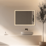 LED veidrodis 80&times;60 cm &ndash; stačiakampis, auksinis aliuminio rėmas, reguliuojamas ap&scaron;vietimas