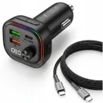 FM siųstuvas su LED, Bluetooth, USB įkroviklis automobiliui, Type-C laidas 50 cm