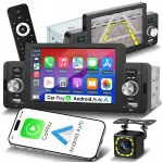 Automobilio radijo imtuvas 1 DIN su USB, Android Auto, CarPlay, Mirror Link ir galinio vaizdo kamera