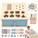 Medinė Montessori dėžė su dideliu kaladėlių rinkiniu vaikams