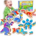 Medinės magnetinės konstravimo kaladėlės su 4 dinozaurais T-Rex
