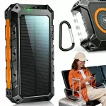 Saulės energijos i&scaron;orinė baterija 20000mAh, 7 i&scaron;ėjimai, 2 įėjimai, su žibintuvėliu, juoda