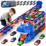 Žaislinis dinozauro formos automobilių transporteris su lenktynių trasa ir 12 ma&scaron;inėlių, 3 viename rinkinys