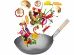Plieninė kini&scaron;ka wok keptuvė, 30 cm, medinė rankena, apvalus dugnas
