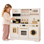 Medinė vaikų virtuvėlė su &scaron;viesomis, garsais ir 11 priedų, 93 cm