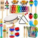 Medinių muzikos instrumentų rinkinys vaikams: fleita, lėk&scaron;tės, edukacinis žaislas