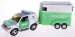 Policijos žaislinis VW T6.1 automobilis su arklių priekaba, 26 cm, 2 arkliai, vaikams