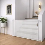 Baltos žaliuzinės apsauginės varteliai laiptams, 150 cm, vaikų saugumui