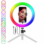 RGB žiedinė lempa 26 cm su telefono laikikliu, LED žiedinė &scaron;viesa, RGB selfi lempa