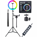 RGB žiedinė lempa su trikoju, 192 cm telefonui skirta žiedinė &scaron;viesa su laikikliu, žiedinis LED ap&scaron;vietimas fotografijai ir vaizdo įra&scaron;ams